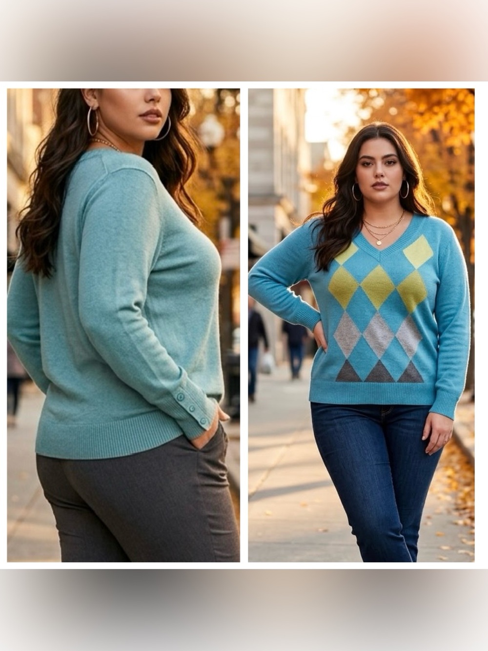 Sonoma Women Sz 2X Teal Argyle V-Neck soft Cotton Preppy Knit Sweater Academia